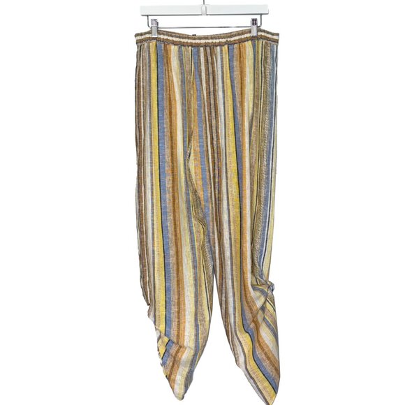 Drew Linen Blend Yellow & Blue Striped Pants with Gathered Hems - Size L - NWT - Picture 3 of 6
